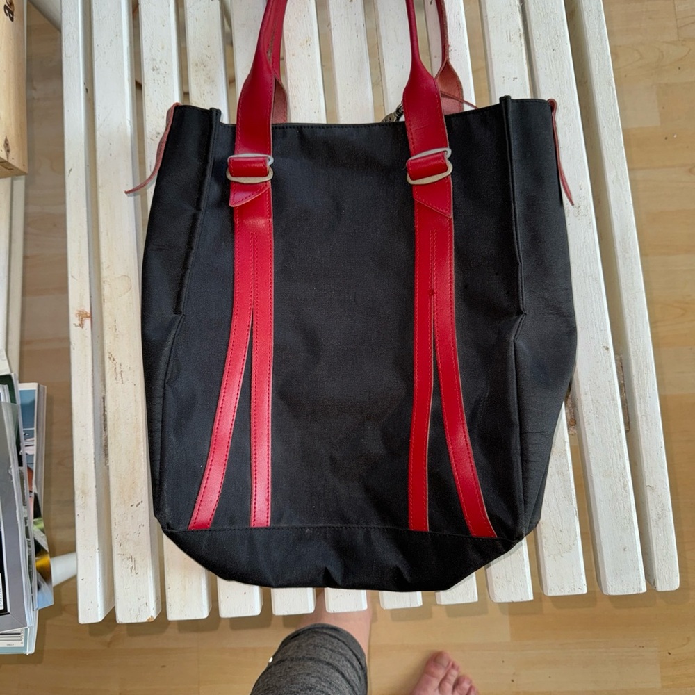Jack Gromme Paris blue Denim and Red Leather strap Tote with fob and Logo